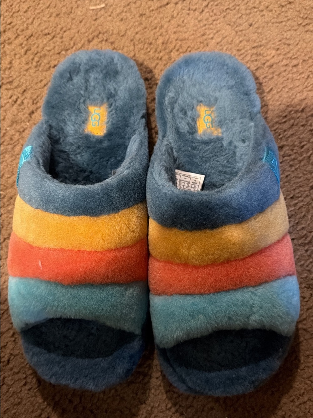 UGG Kids Multicolor Fuzz Slide - Blue/Yellow/Coral/Turquoise